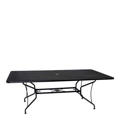 A black, rectangular Iron Rectangular Dining Umbrella Table features a metal outdoor tabletop with a mesh design, an ornate iron base, and a central hole likely designed for an umbrella. The backdrop is plain white.