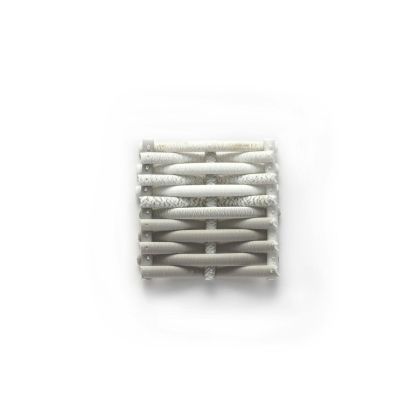 The Rustic White features a metallic grill-like structure with parallel, curved bars and alternating gaps, set against a plain white background.