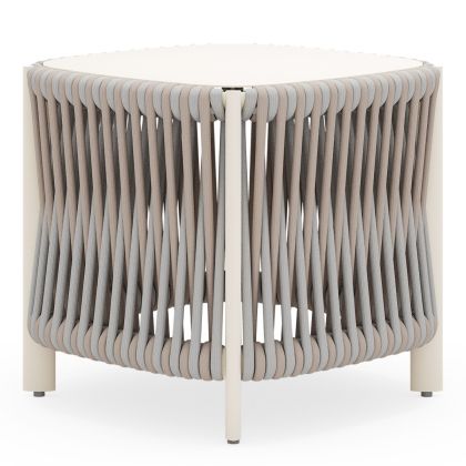 The Eve Side Table is a modern, geometric piece with three legs, a triangular beige top, and sides wrapped in thick, interwoven light gray and beige rope—perfect as a minimalist stool or side table.