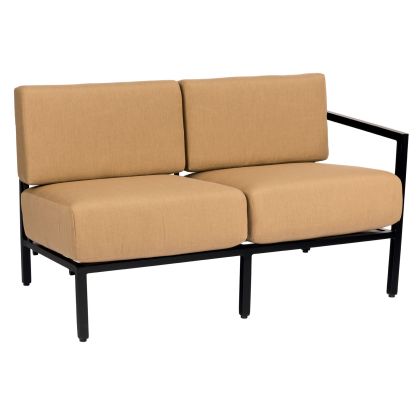 The Salona RAF Sectional Love Seat is a two-seater with light brown cushions and a simple black metal frame, featuring straight lines and a minimalist design.