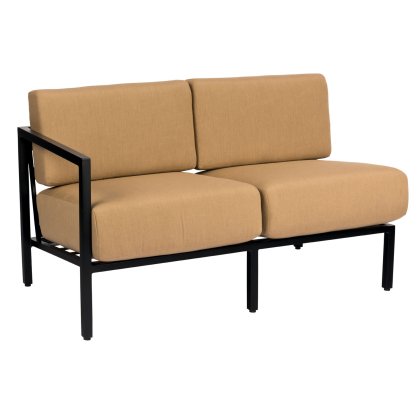 The Salona LAF Sectional Love Seat is a modern two-seater with mustard yellow cushions and a sleek black metal frame, featuring minimalist straight lines and thick, plush seating for comfort.