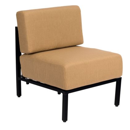 The Salona Armless Sectional Unit features a minimalist design with a beige cushion seat and backrest, supported by a sleek black metal frame. Its modern and simple, showcasing straight lines without armrests.