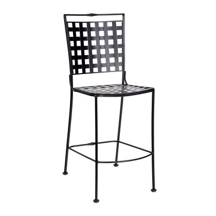 The Sheffield Stationary Armless Bar Stool is a tall, black, minimalist metal bar stool with a grid-patterned seat and backrest. It features straight lines, a simple footrest, and four slender legs with rounded feet.