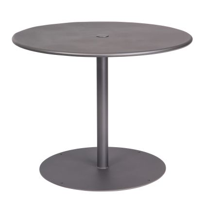 The Solid Iron Top Pedestal Base Round Dining Umbrella Table features a round, gray metal side table design with a central pedestal and circular base. Its tabletop has a smooth, minimalist design.