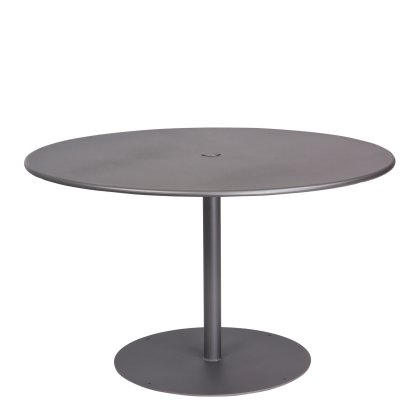 The Solid Iron Top Pedestal Base Round Dining Umbrella Table is a round, matte gray metal table with a central pedestal base and a small hole in the center of the tabletop.