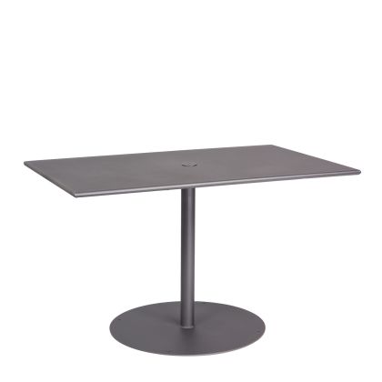 The Solid Iron Top Pedestal Base Rectangular Dining Umbrella Table features a minimalist and modern design with a gray rectangular tabletop, including a central circular hole, supported by a cylindrical pedestal on a round base.