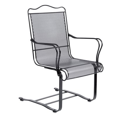 The Tucson High-Back Spring Base Chair is a black metal patio chair featuring a mesh back and seat, curved armrests, and a cantilever base for a modern and sturdy appearance.