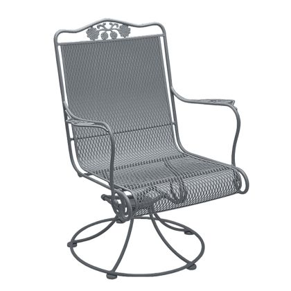 The Briarwood High-Back Swivel Rocker is a gray metal patio chair featuring an ornate floral design on the backrest. It includes a mesh seat and back, curved armrests, and a circular swivel base for smooth rotation, offering an elegant and sturdy outdoor 