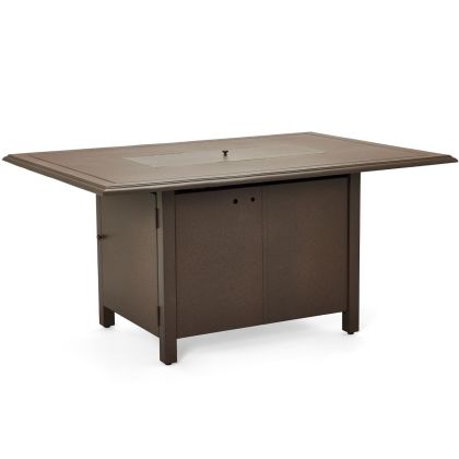 The Solid Cast Rectangular Dining Height Fire Table features a spacious top surface with a central burner, side panels, and four sturdy legs, designed for outdoor use.