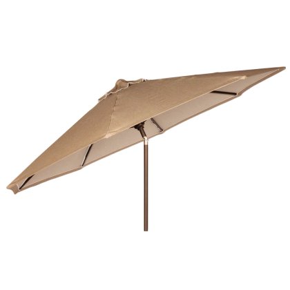 The Woodard Umbrellas feature a large beige canopy supported by an aluminum pole and multiple ribs, perfect for outdoor settings. The canopy slightly tilts to reveal its underside and includes a convenient crank lift, making it ideal for any patio.