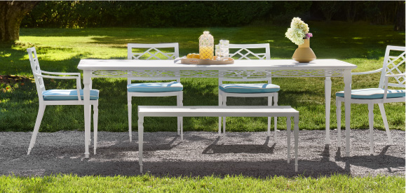 Tuoro outdoor dining collection in white by Alexa Hampton + Woodard